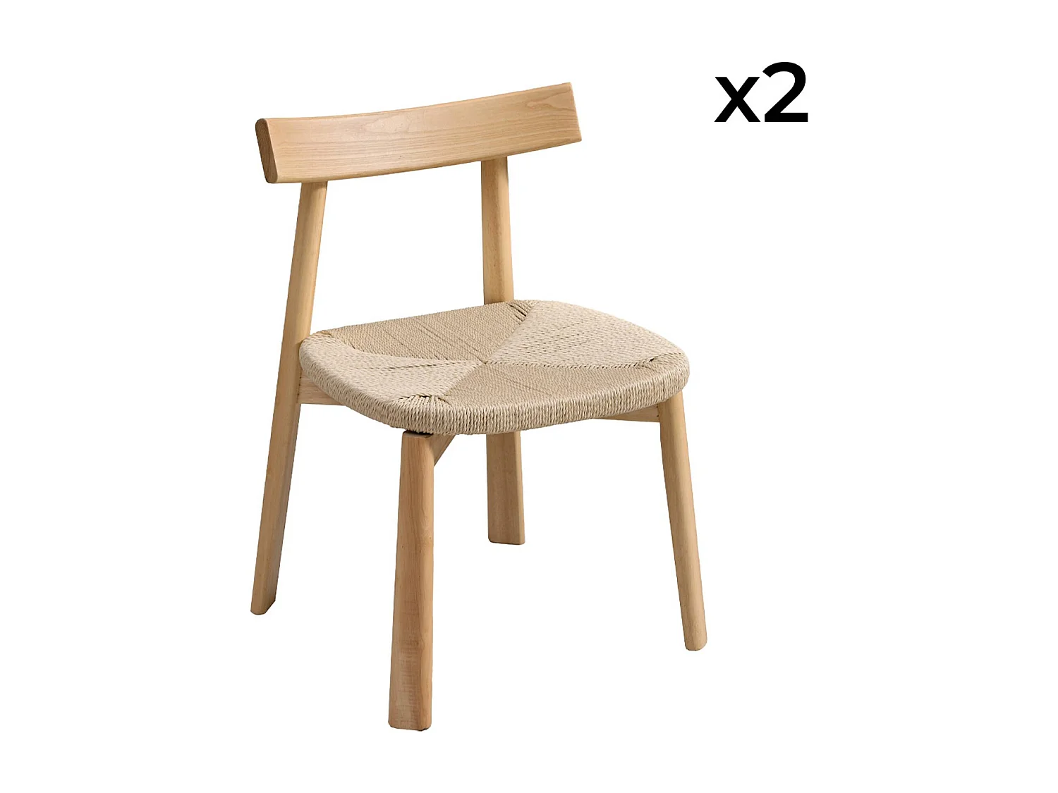 Lot de 2 chaises scandinaves en bois d'hévéa naturel et assise en corde beige