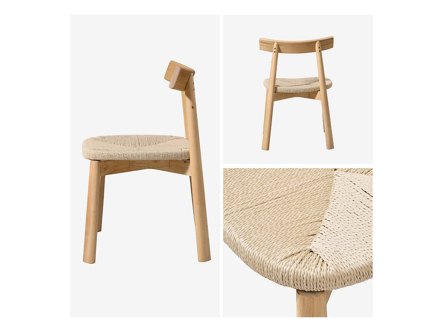 Silla escandinava de madera de hevea con asiento de cuerda, set de 2
