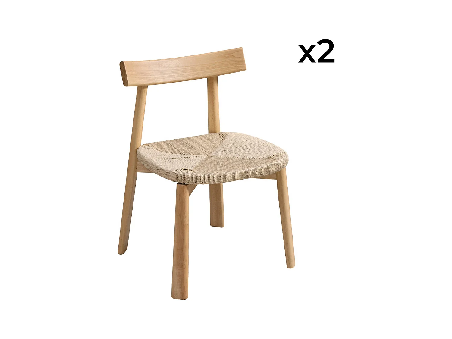 Silla escandinava de madera de hevea con asiento de cuerda, set de 2