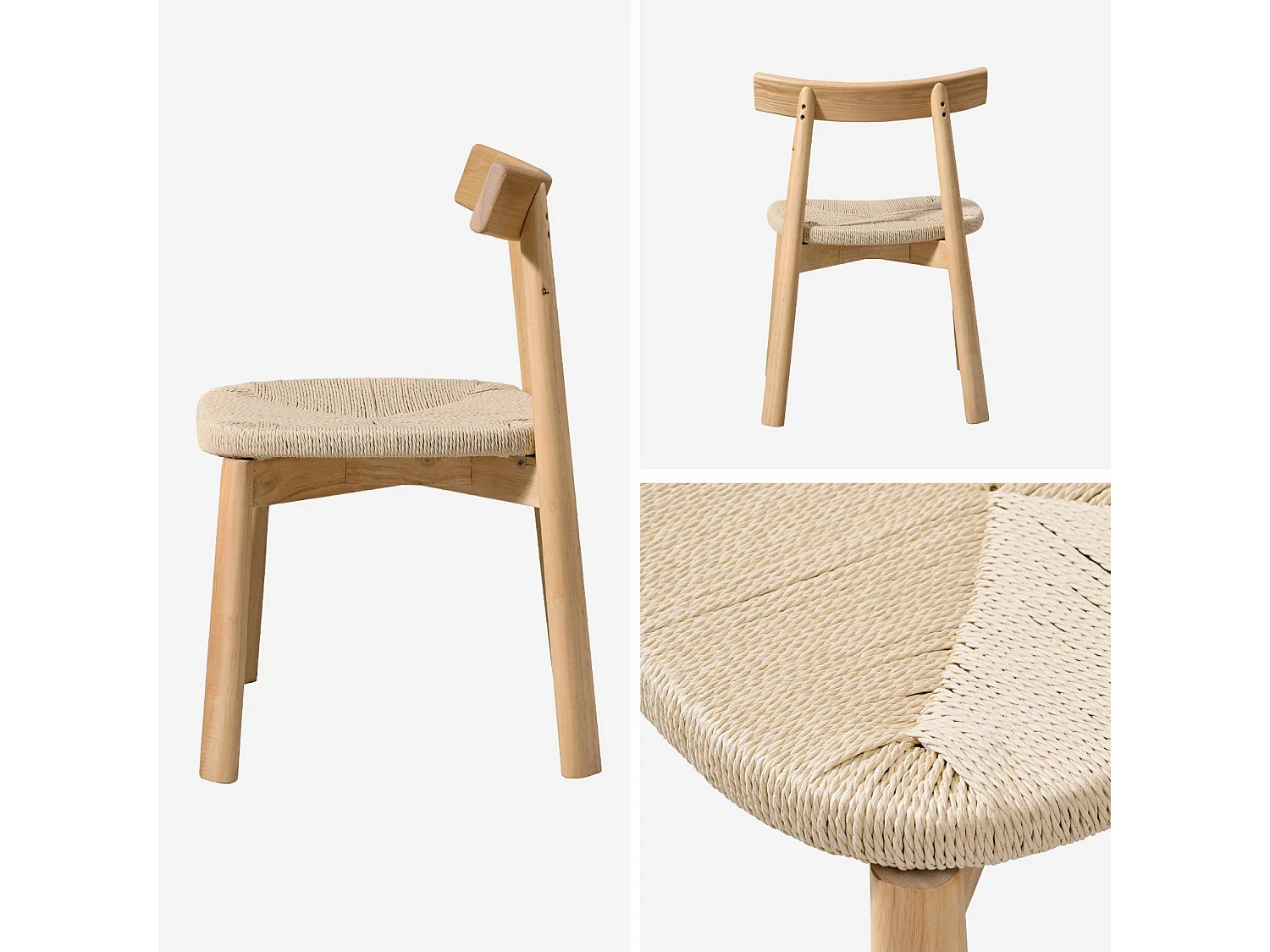Silla escandinava de madera de hevea con asiento de cuerda, set de 2