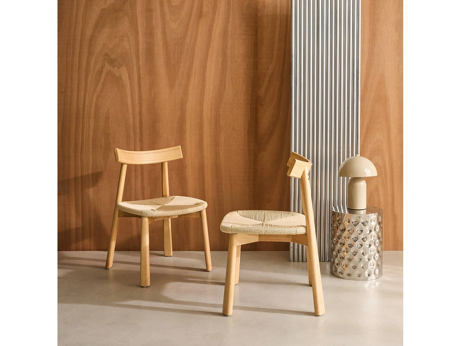 Silla escandinava de madera de hevea con asiento de cuerda, set de 2