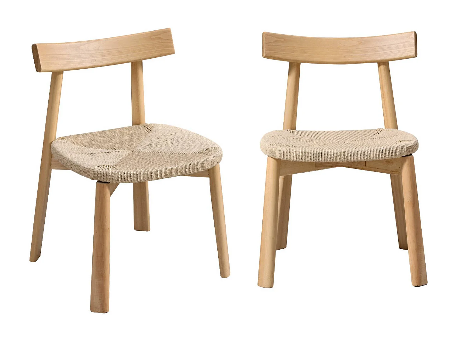 Lot de 2 chaises scandinaves en bois d'hévéa naturel et assise en corde beige