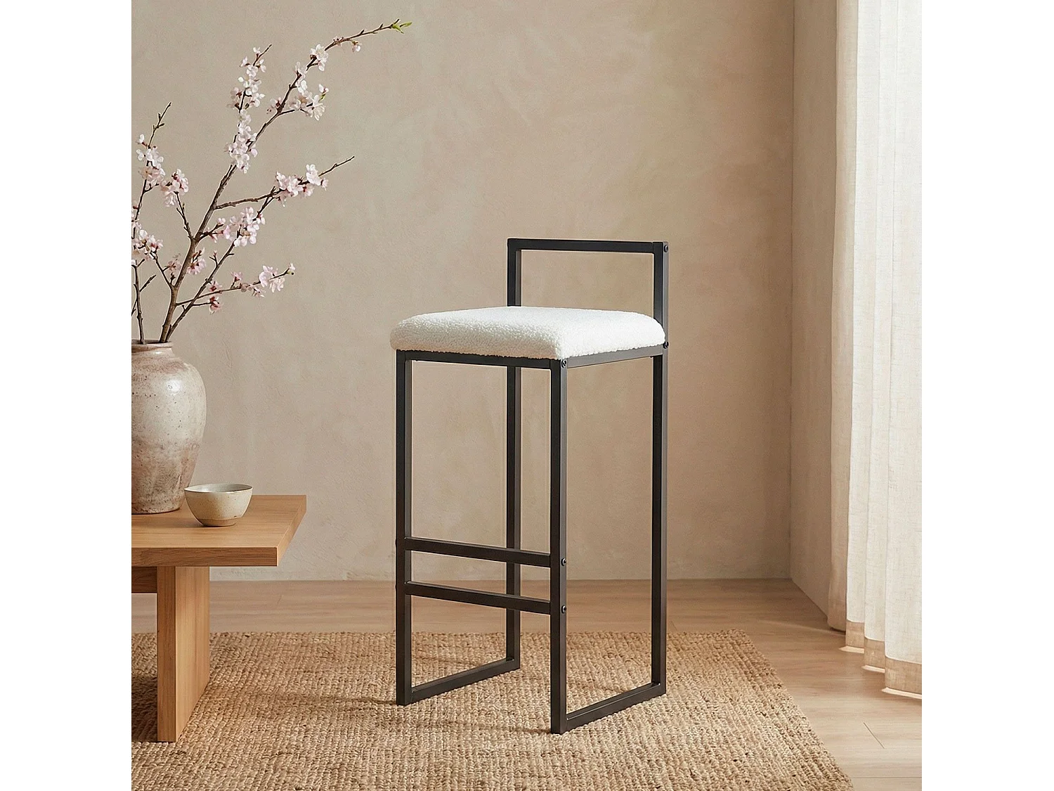 Tabouret de bar en métal Drakkar Noir et Tissu bouclette Crème