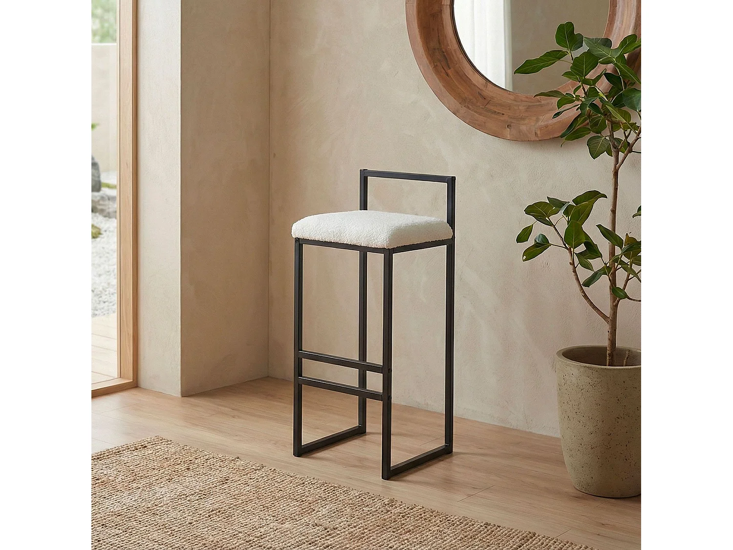 Tabouret de bar en métal Drakkar Noir et Tissu bouclette Crème