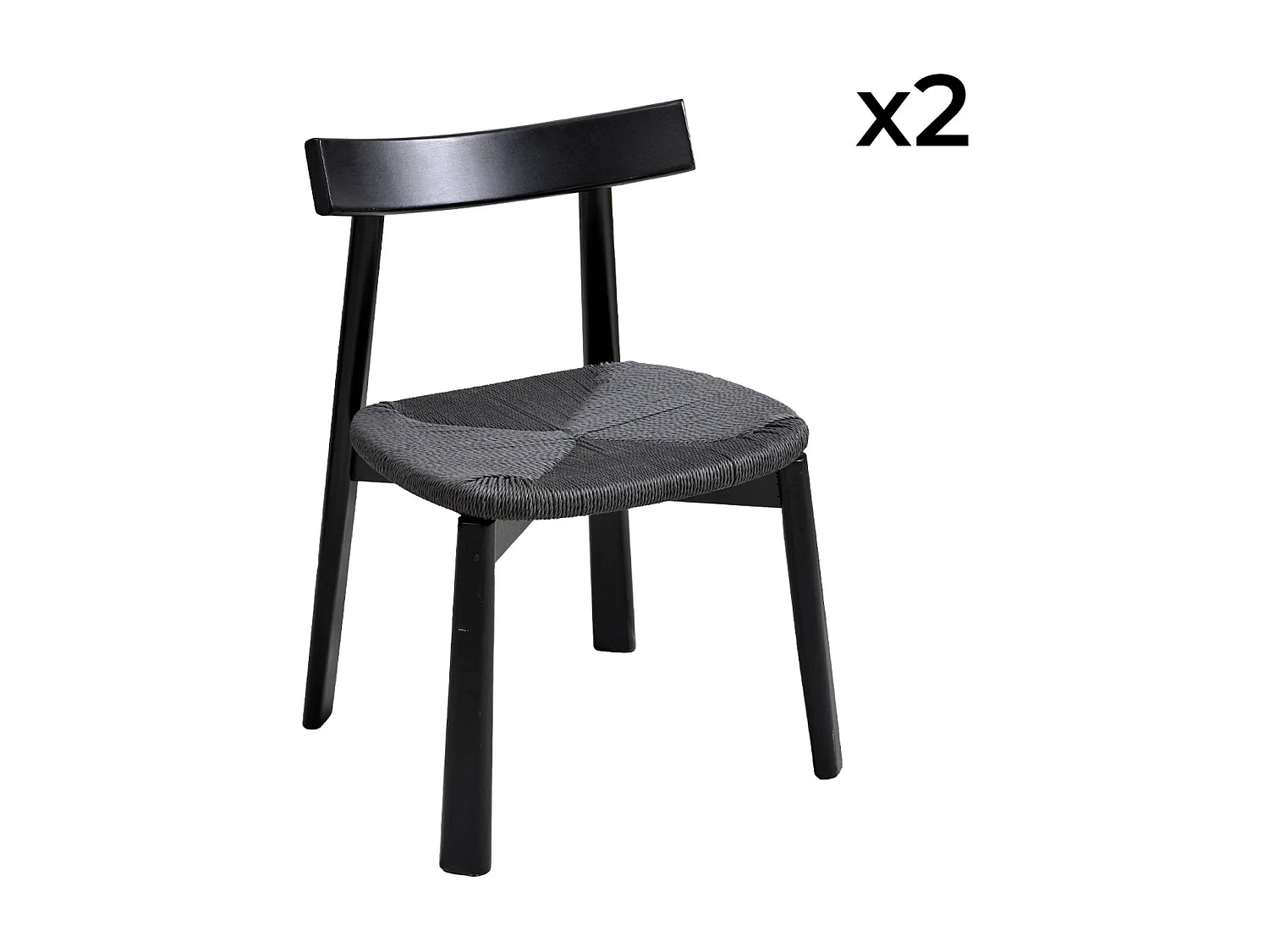 Lot de 2 chaises scandinaves en bois d'hévéa noir et assise en corde noire