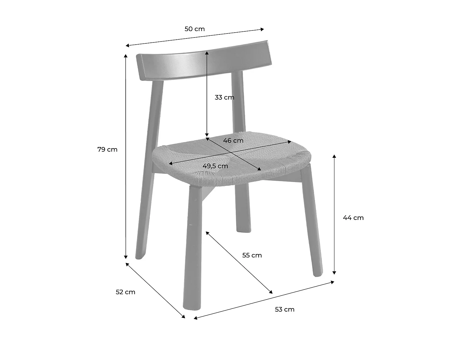 Silla escandinava de madera de hevea con asiento de cuerda, set de 2
