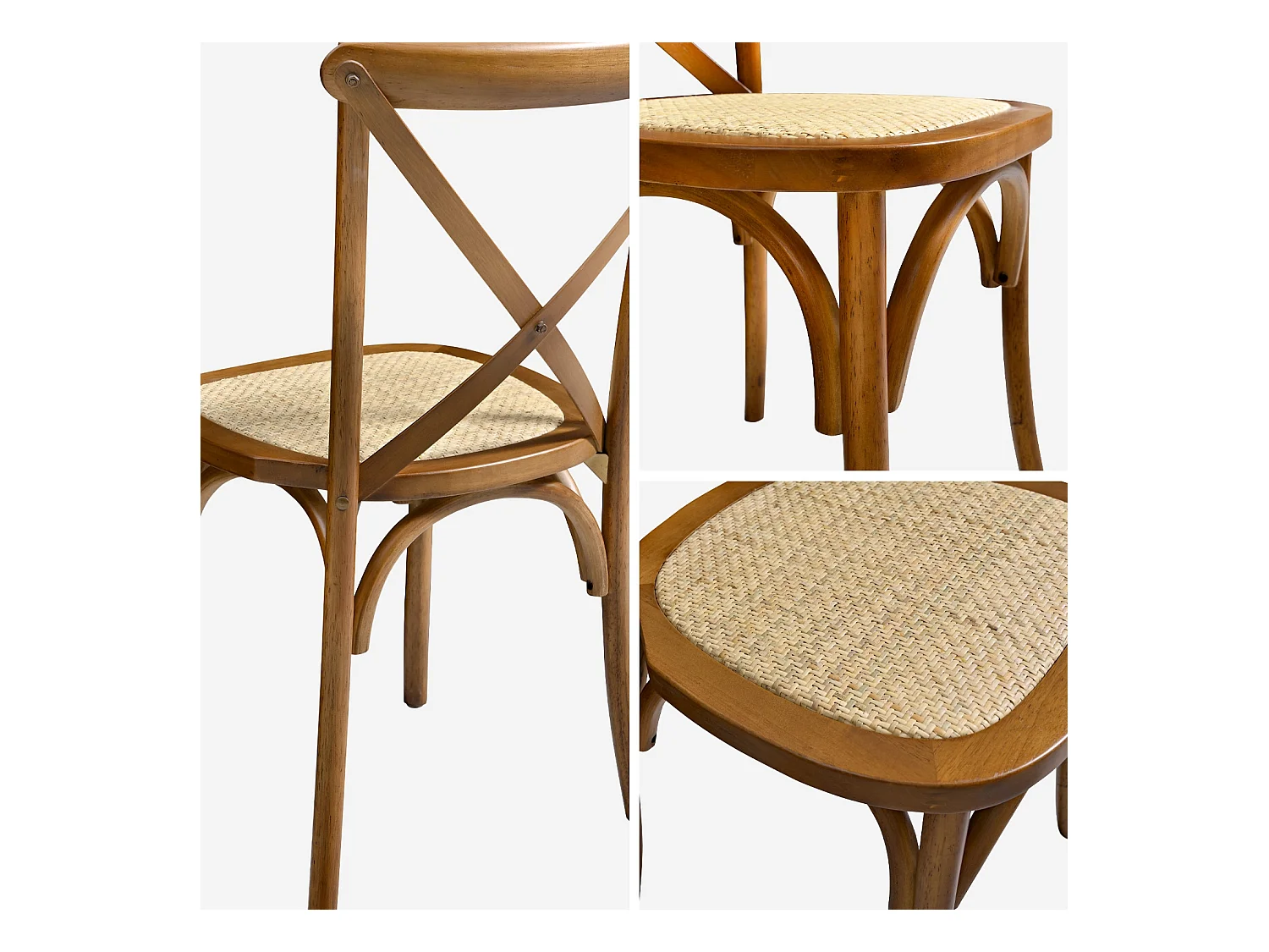 Lot de 2 chaises de bistrot en bois d'hévéa effet noyer. vintage. assise en rotin. empilables