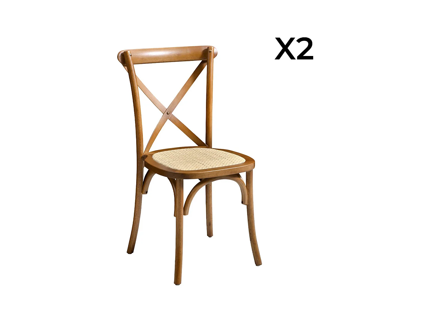 Lot de 2 chaises de bistrot en bois d'hévéa effet noyer. vintage. assise en rotin. empilables