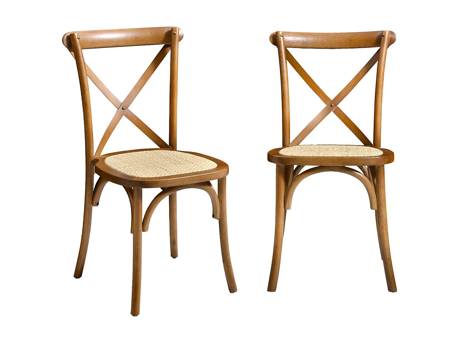 Lot de 2 chaises de bistrot en bois d'hévéa effet noyer. vintage. assise en rotin. empilables