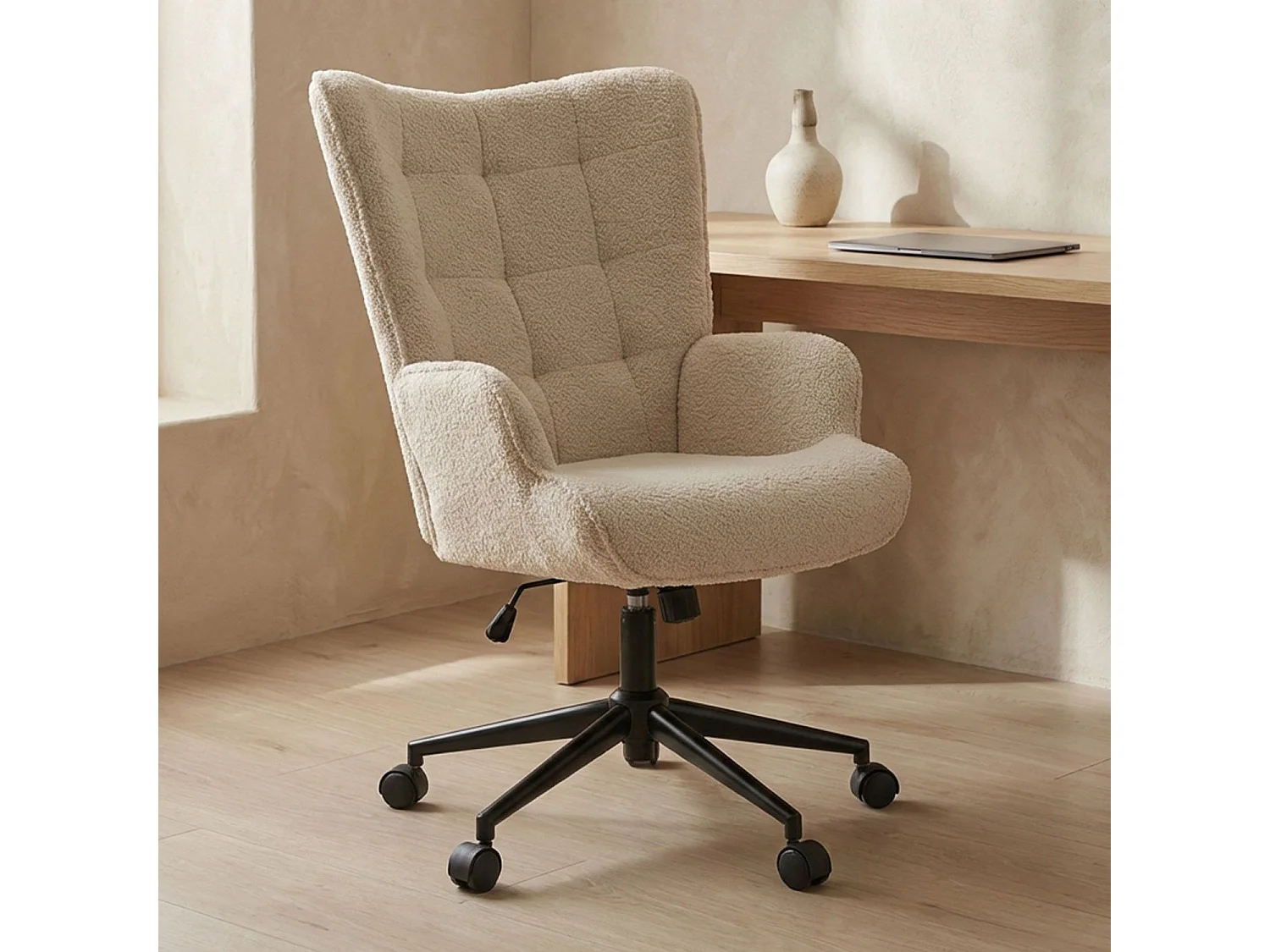 Fauteuil de bureau moderne à haut dossier Florelo Tissu bouclette Beige