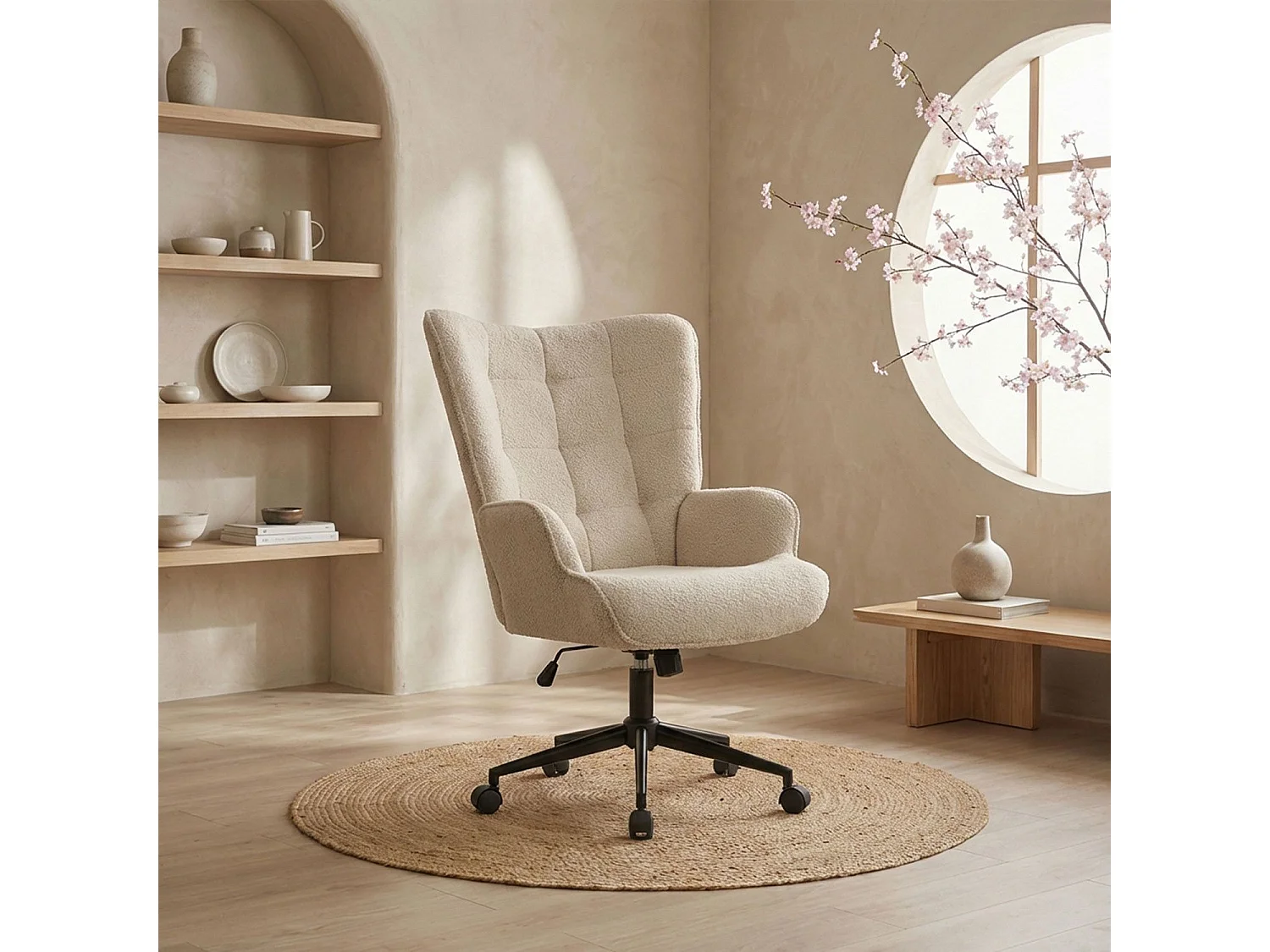 Fauteuil de bureau moderne à haut dossier Florelo Tissu bouclette Beige