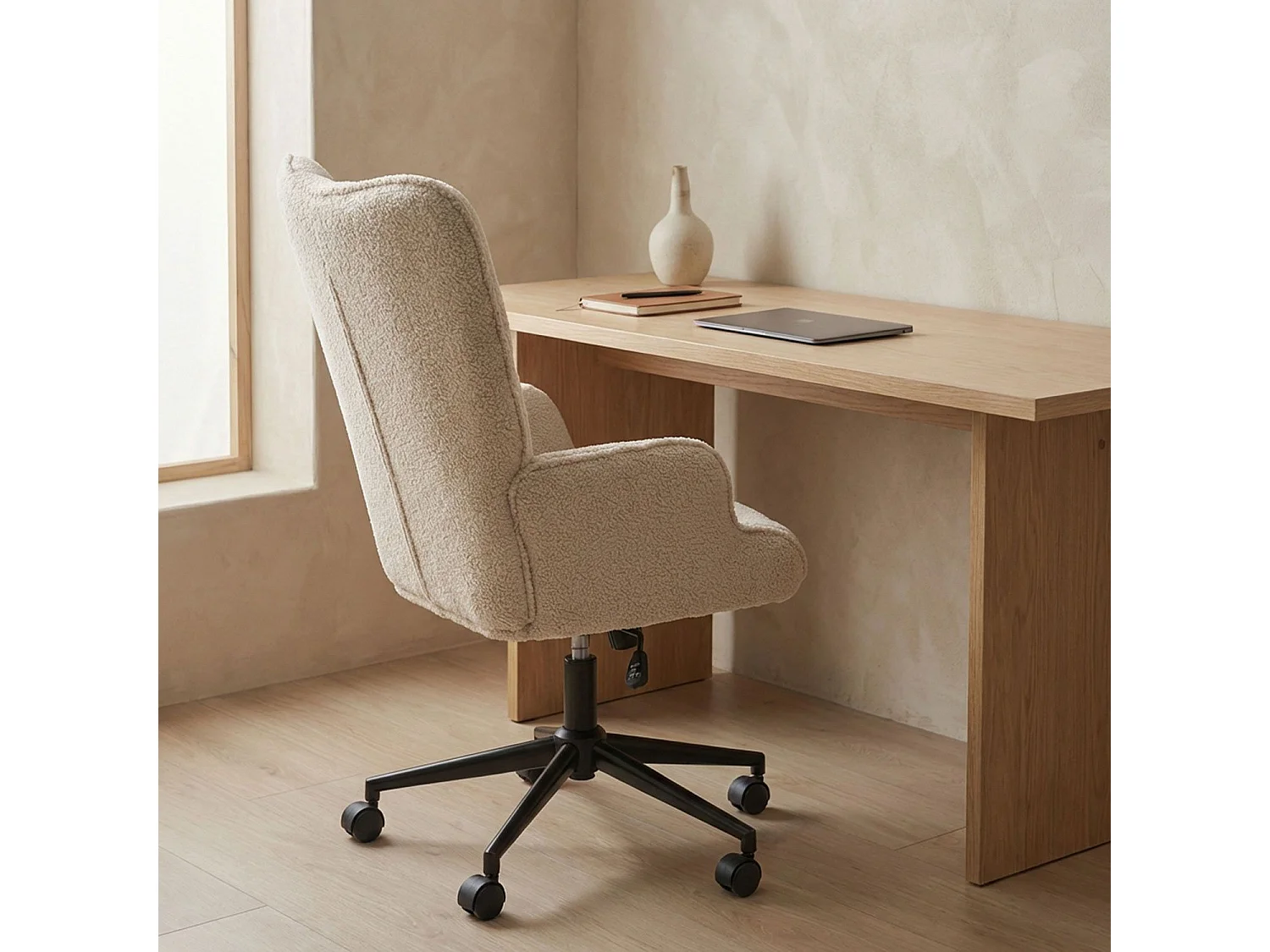 Fauteuil de bureau moderne à haut dossier Florelo Tissu bouclette Beige