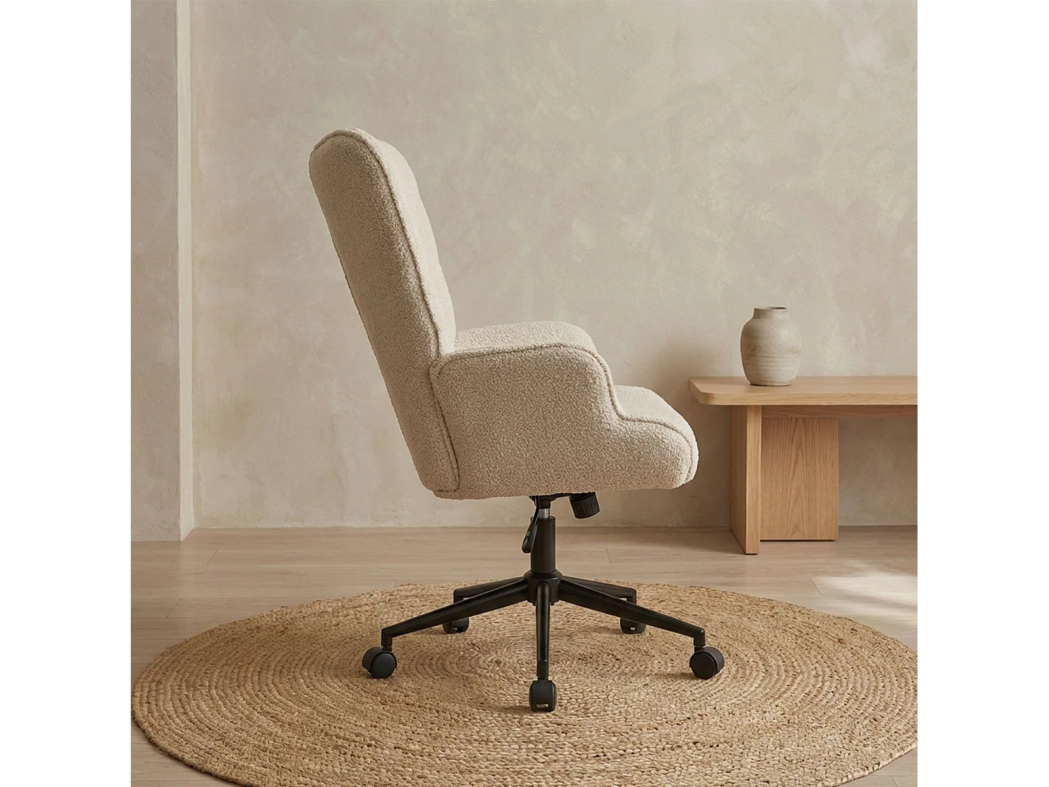 Fauteuil de bureau moderne à haut dossier Florelo Tissu bouclette Beige