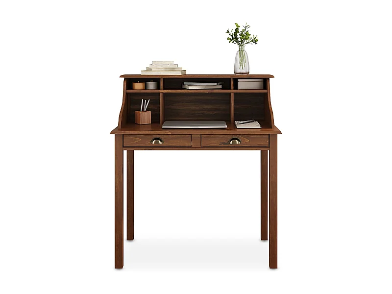 Bureau secrétaire MARLENE en bois massif coloris brun foncé avec rangement sur plusieurs étagères et 2 tiroirs