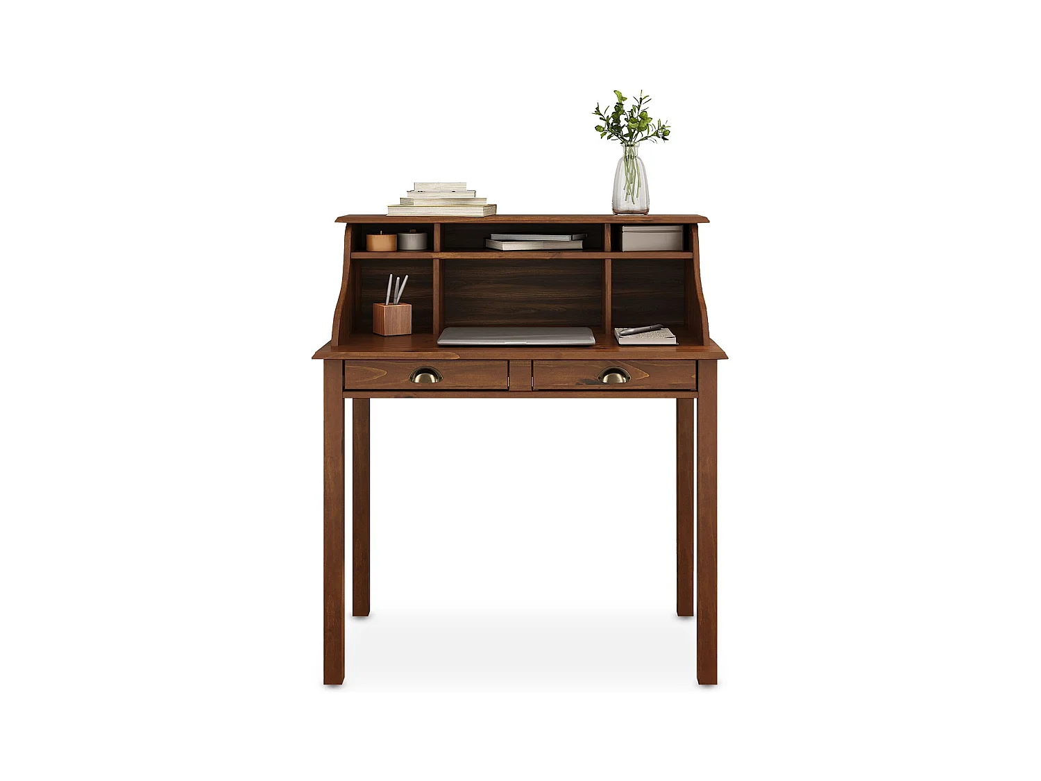 Bureau secrétaire MARLENE en bois massif coloris brun foncé avec rangement sur plusieurs étagères et 2 tiroirs