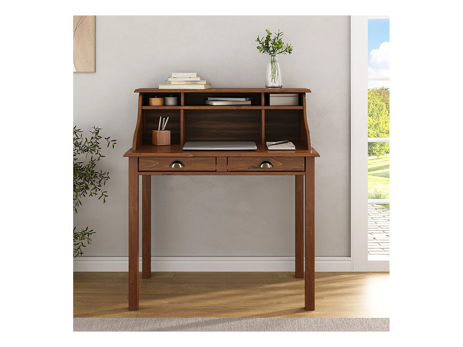 Bureau secrétaire MARLENE en bois massif coloris brun foncé avec rangement sur plusieurs étagères et 2 tiroirs