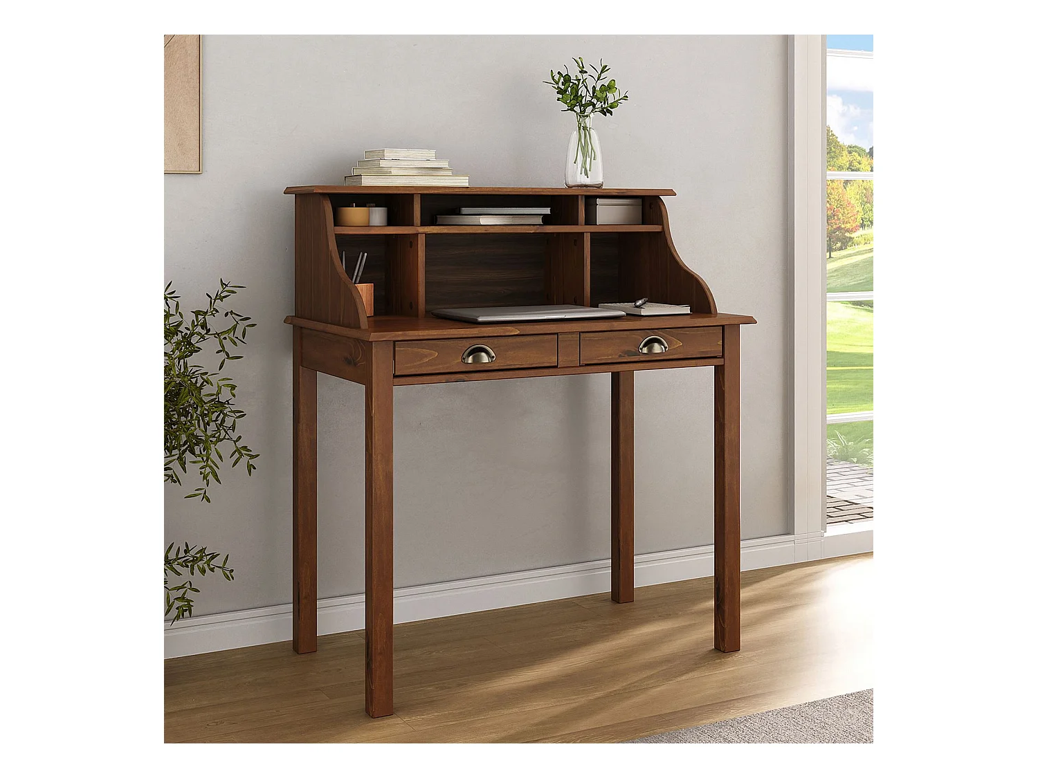 Bureau secrétaire MARLENE en bois massif coloris brun foncé avec rangement sur plusieurs étagères et 2 tiroirs