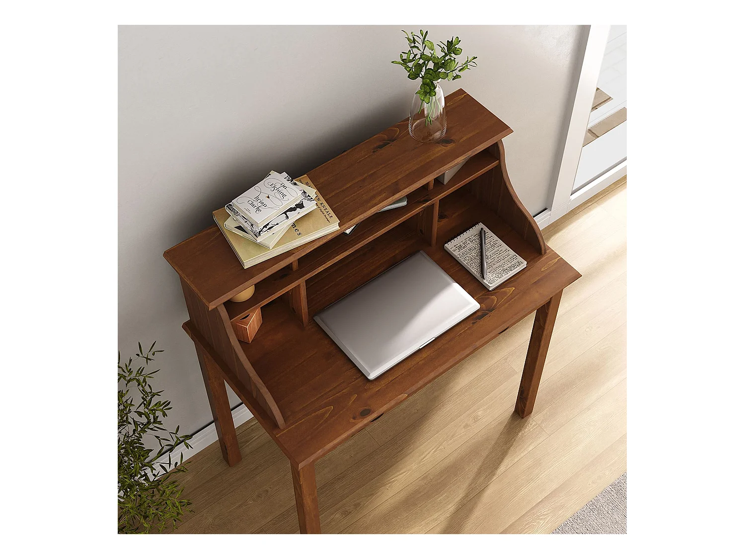 Bureau secrétaire MARLENE en bois massif coloris brun foncé avec rangement sur plusieurs étagères et 2 tiroirs