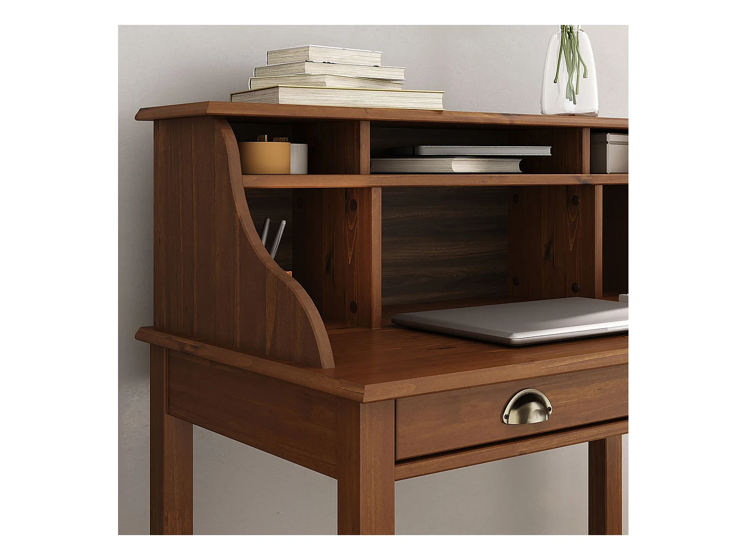 Bureau secrétaire MARLENE en bois massif coloris brun foncé avec rangement sur plusieurs étagères et 2 tiroirs