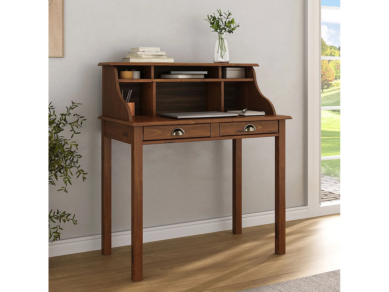 Bureau secrétaire MARLENE en bois massif coloris brun foncé avec rangement sur plusieurs étagères et 2 tiroirs