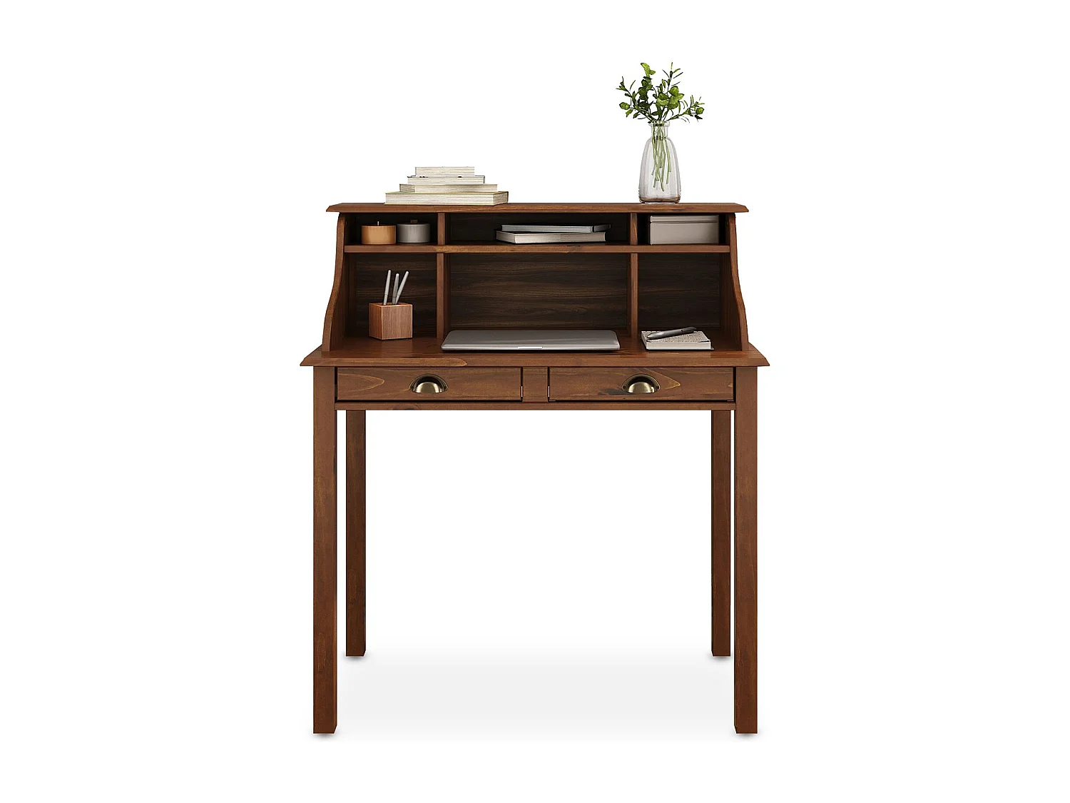 Bureau secrétaire MARLENE en bois massif coloris brun foncé avec rangement sur plusieurs étagères et 2 tiroirs