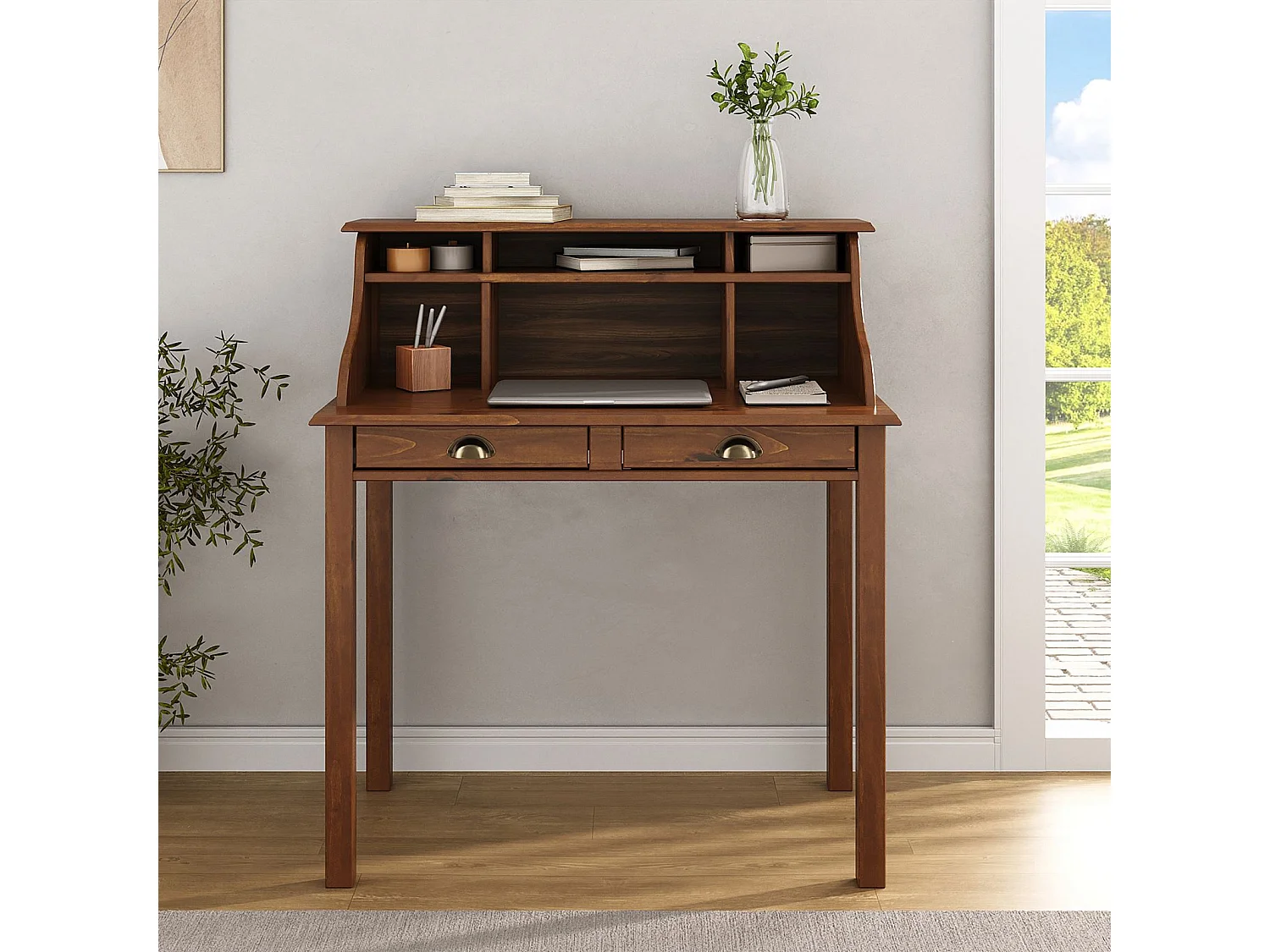 Bureau secrétaire MARLENE en bois massif coloris brun foncé avec rangement sur plusieurs étagères et 2 tiroirs