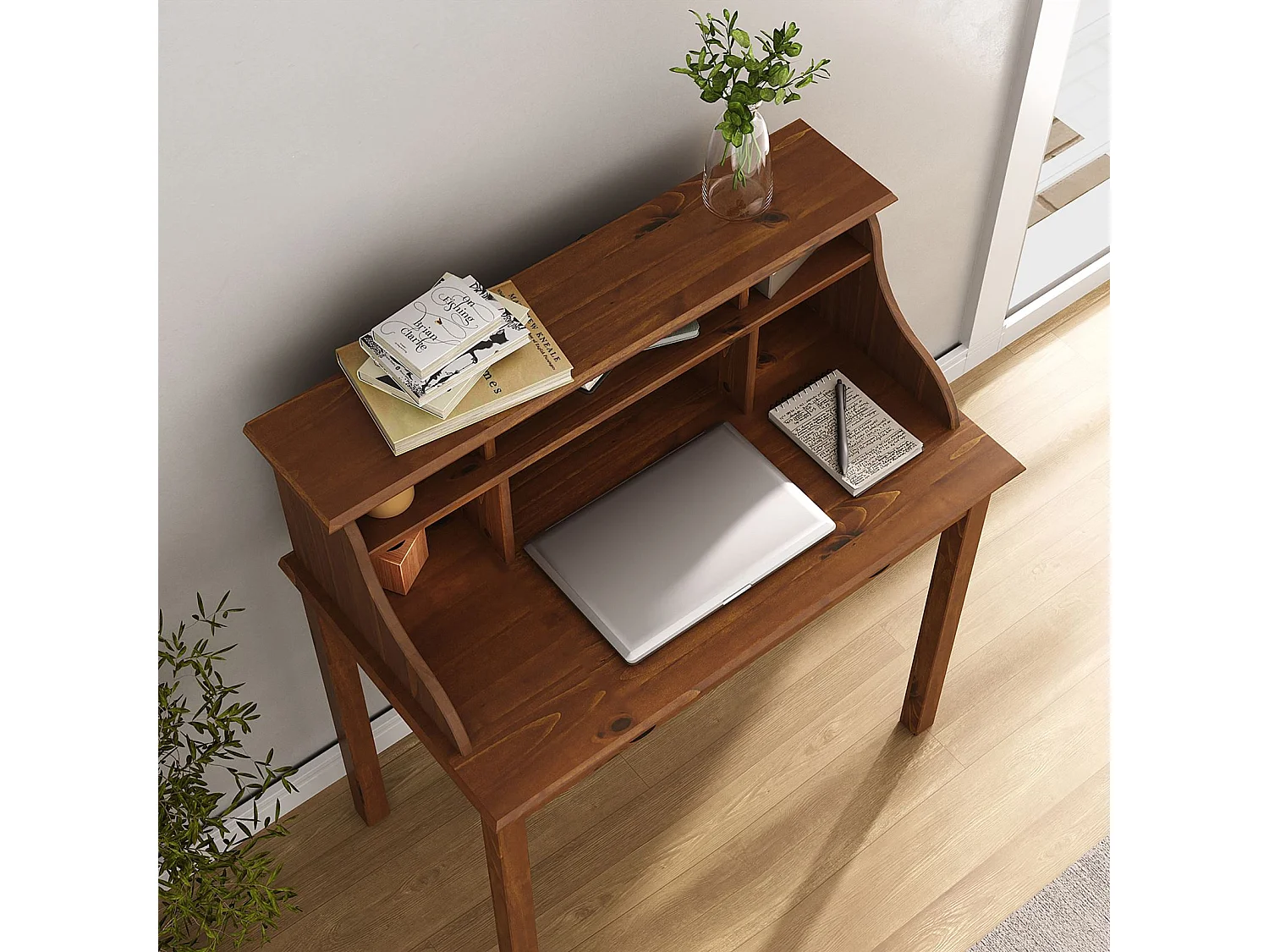 Bureau secrétaire MARLENE en bois massif coloris brun foncé avec rangement sur plusieurs étagères et 2 tiroirs