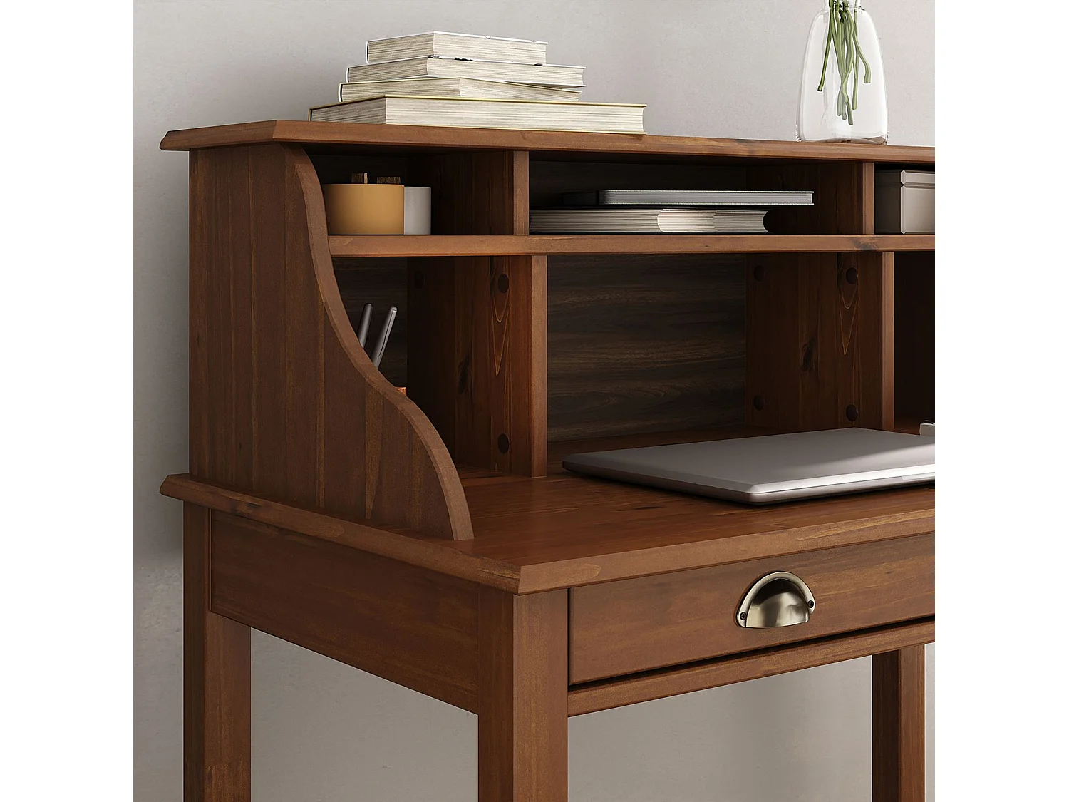 Bureau secrétaire MARLENE en bois massif coloris brun foncé avec rangement sur plusieurs étagères et 2 tiroirs