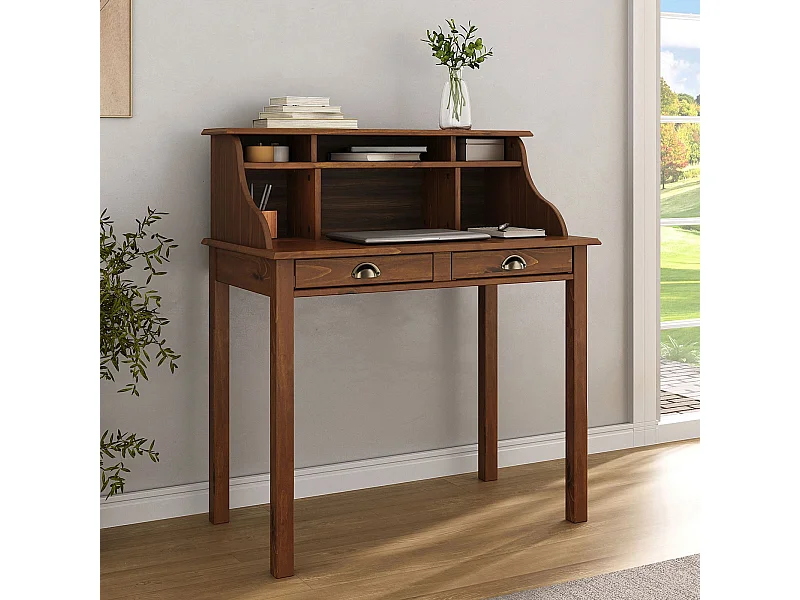 Bureau secrétaire MARLENE en bois massif coloris brun foncé avec rangement sur plusieurs étagères et 2 tiroirs