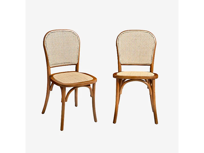 Silla vintage de madera y ratán, set de 2 nogal