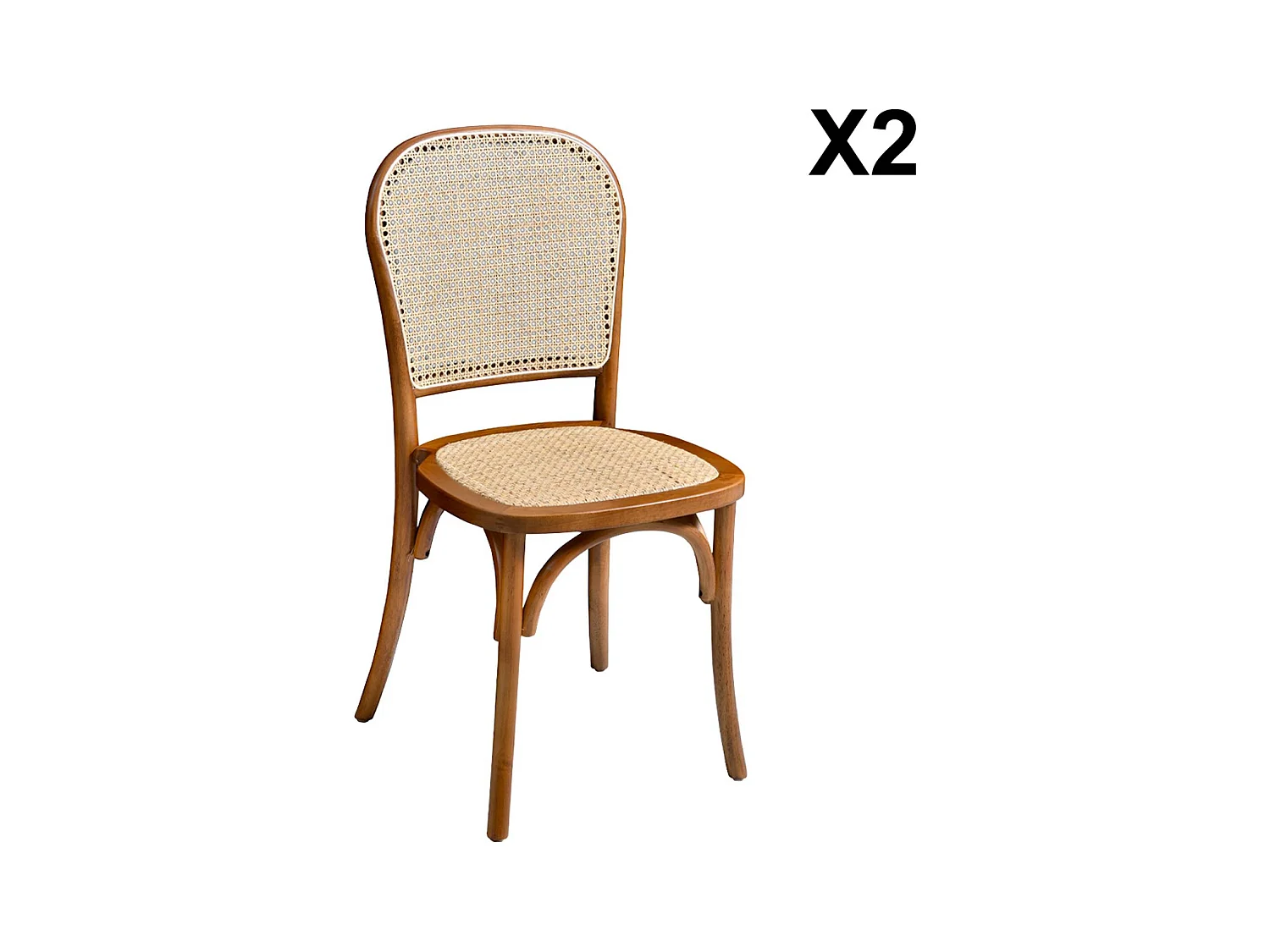 Lot de deux chaises naturelles vintage en bois effet noyer avec assise et dossier en rotin