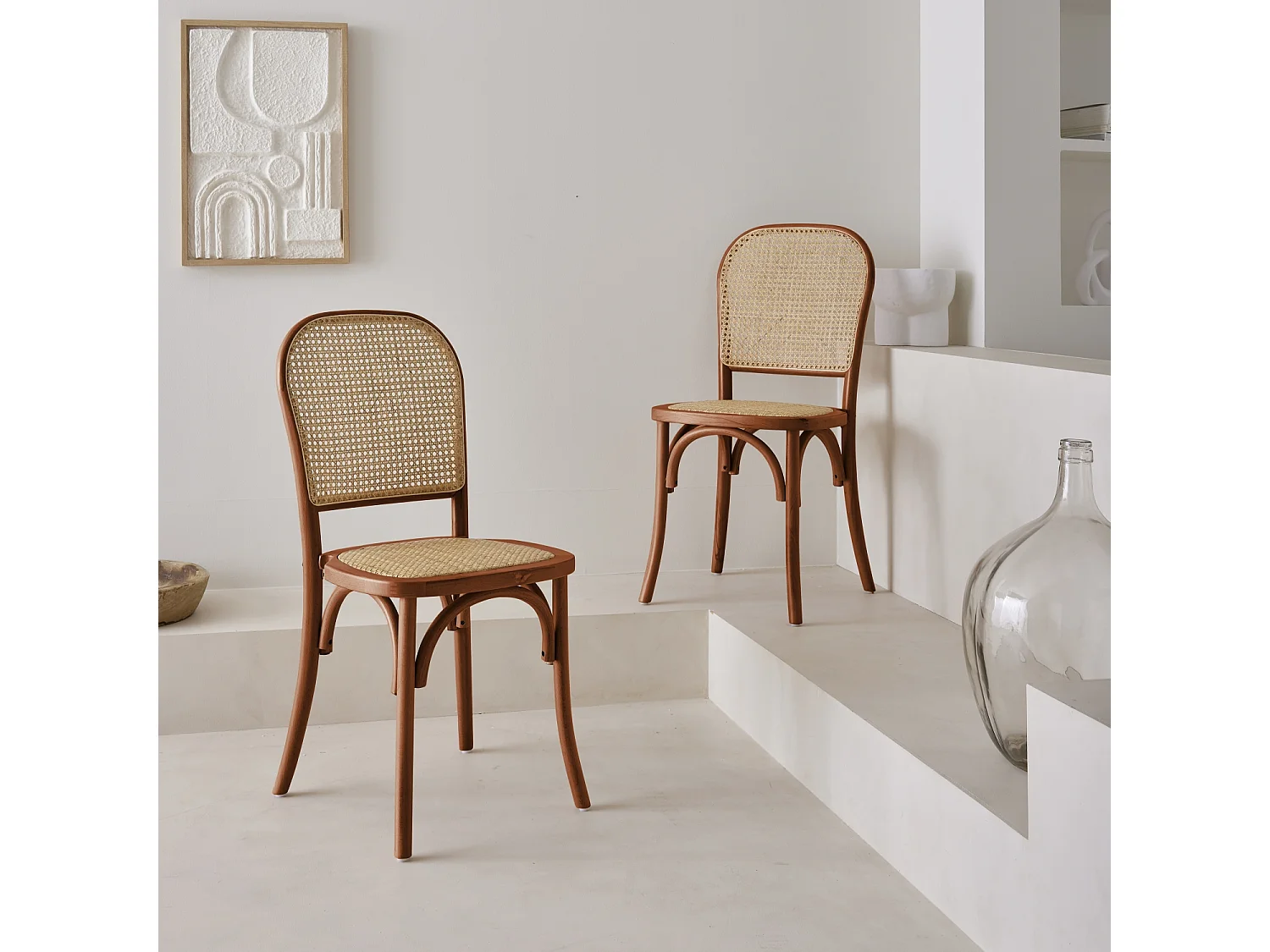 Set di 2 sedie vintage in legno e rattan, noce