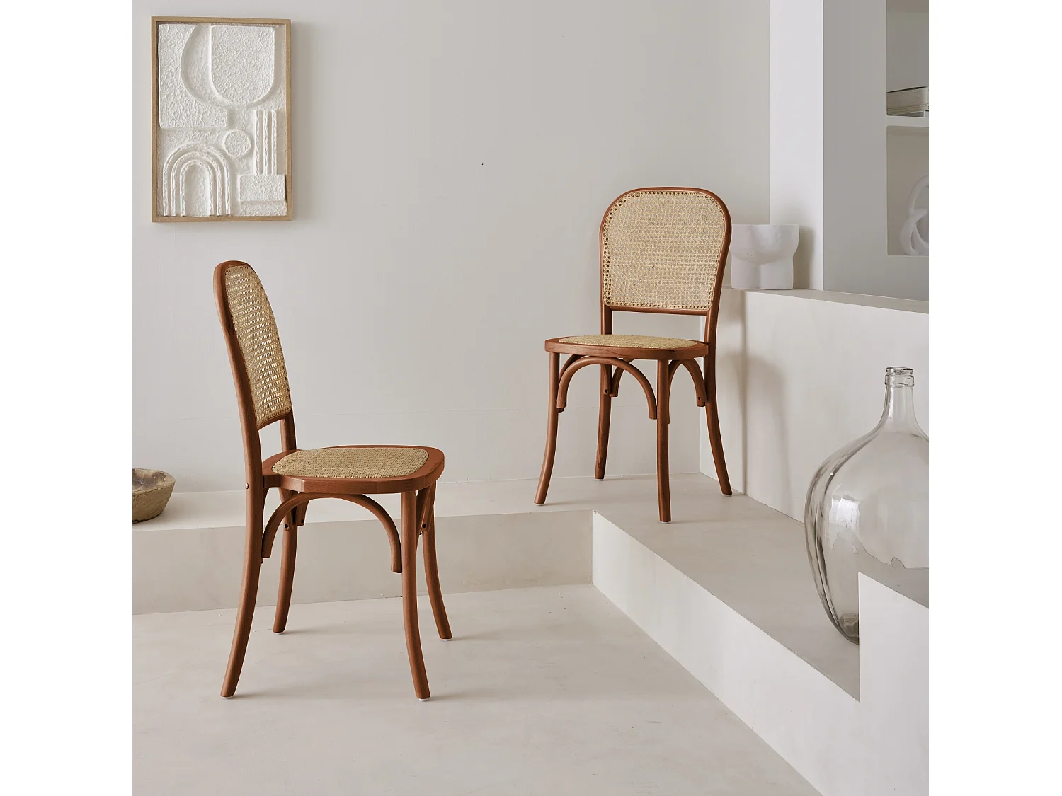 Set di 2 sedie vintage in legno e rattan, noce