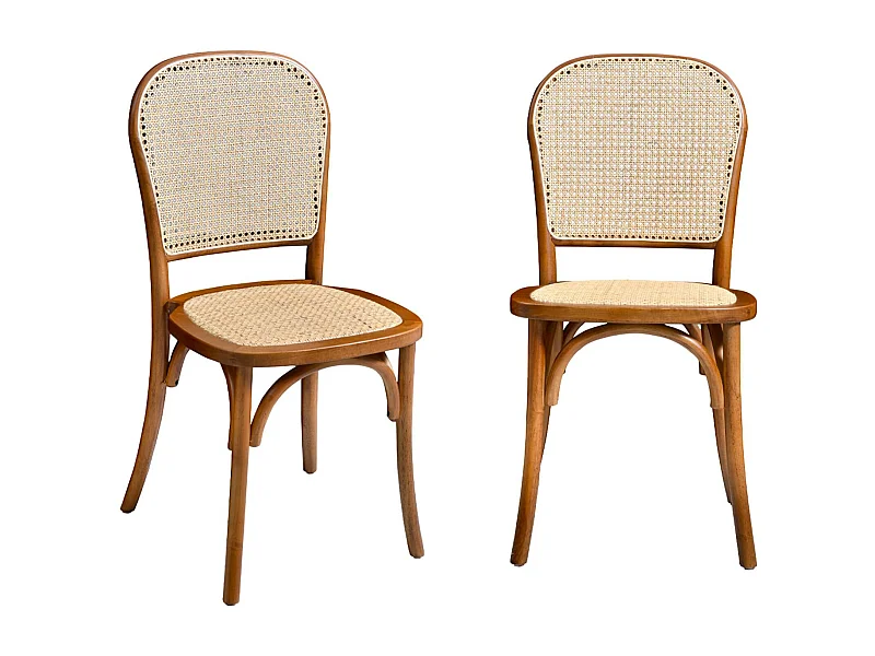 Set di 2 sedie vintage in legno e rattan, noce
