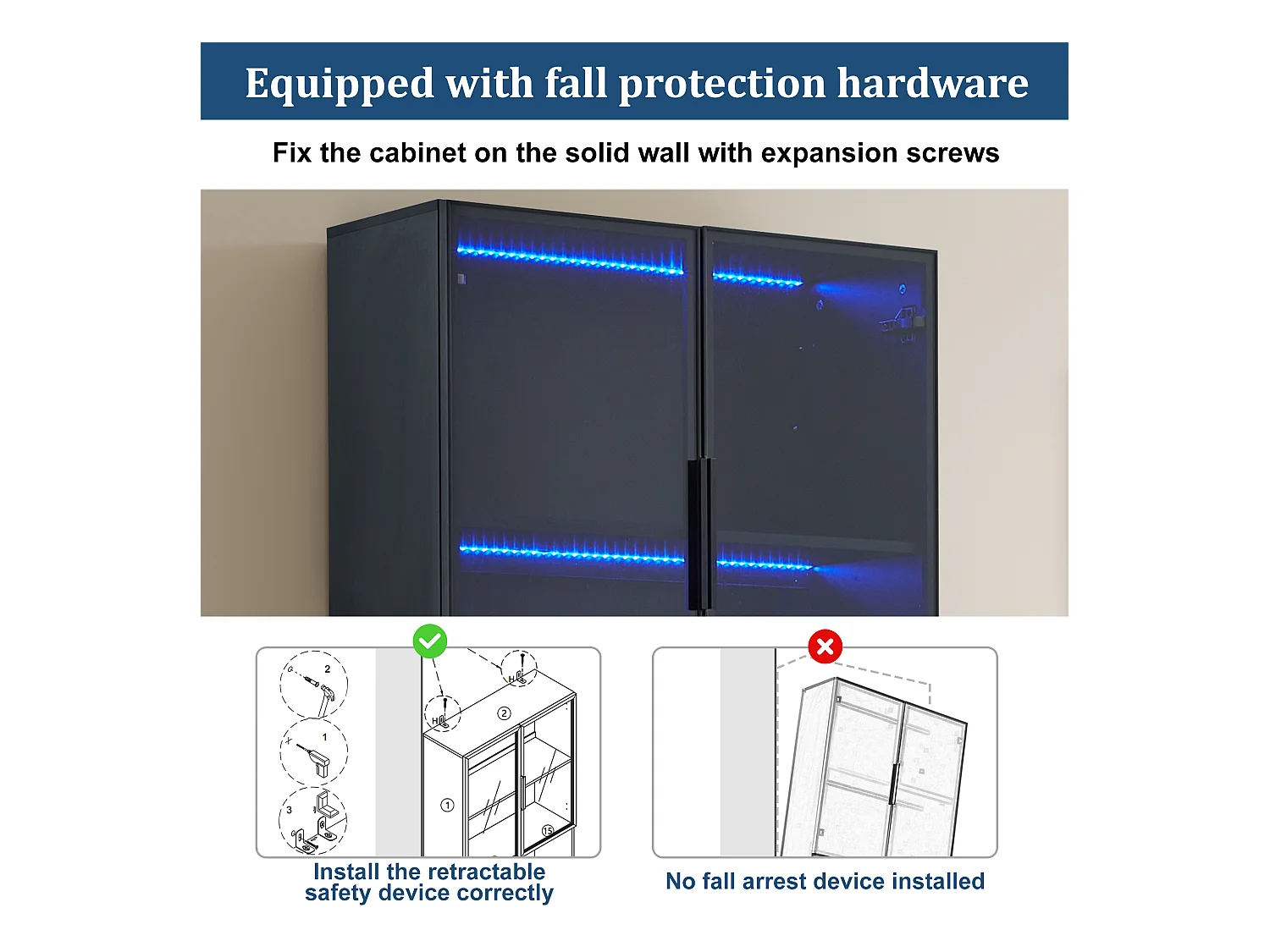 Vitrina de cristal templado con 4 puertas y compartimentos regulables - 80x30x200cm - con LED - Negro