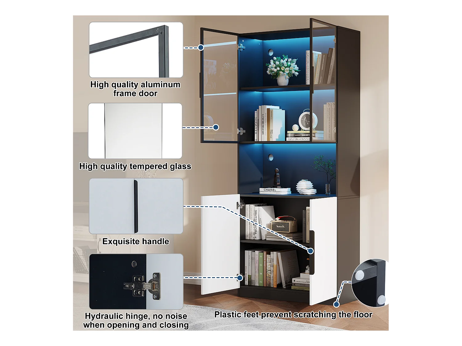 Vitrina de cristal templado con 4 puertas y compartimentos regulables - 80x30x200cm - con LED - Negro