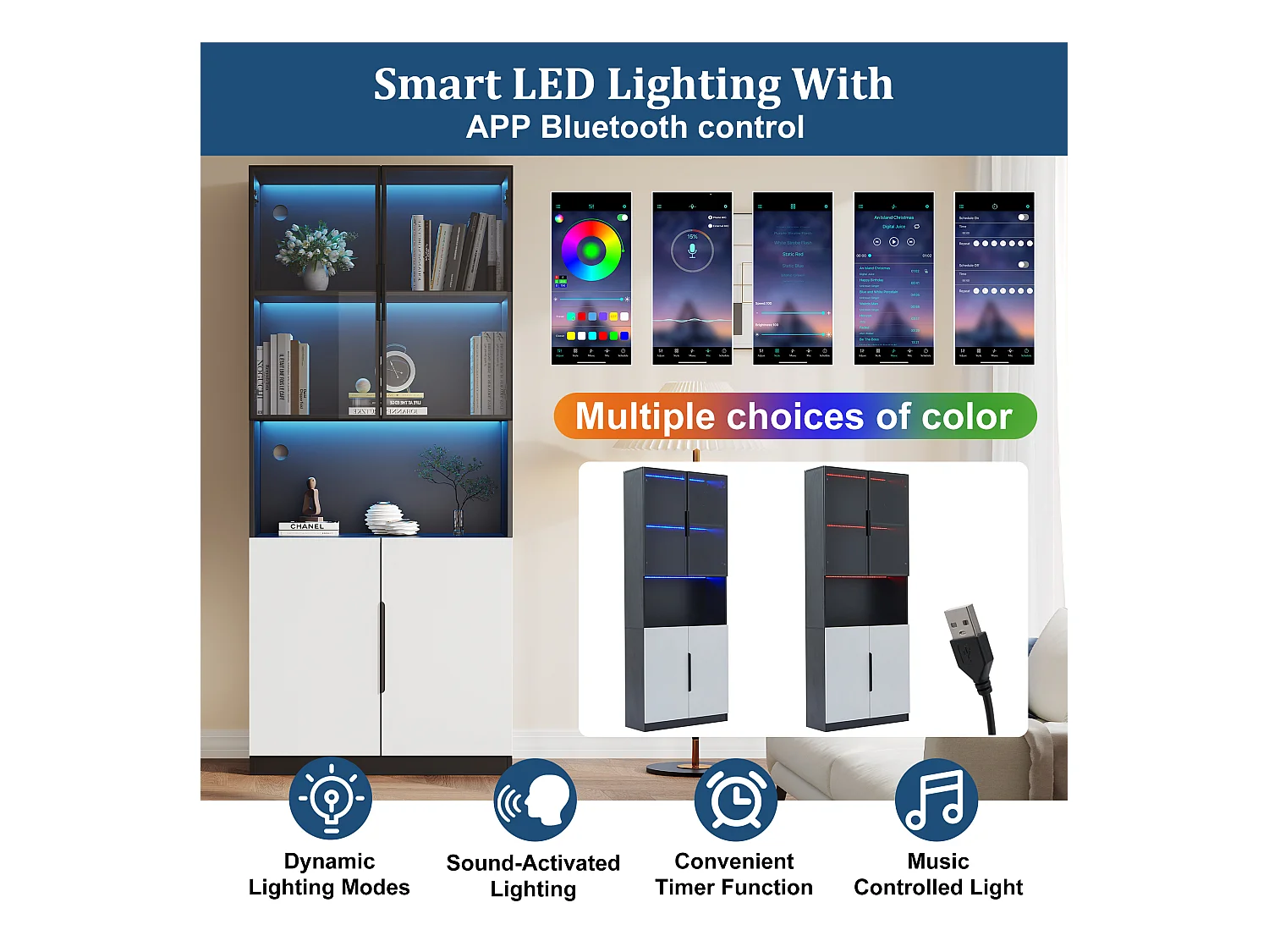 Vitrina de cristal templado con 4 puertas y compartimentos regulables - 80x30x200cm - con LED - Negro