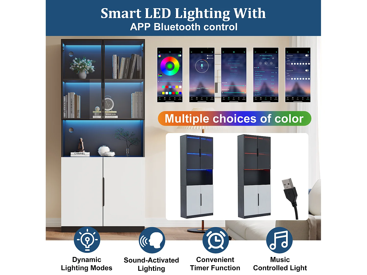 Vitrina de cristal templado con 4 puertas y compartimentos regulables - 80x30x200cm - con LED - Negro