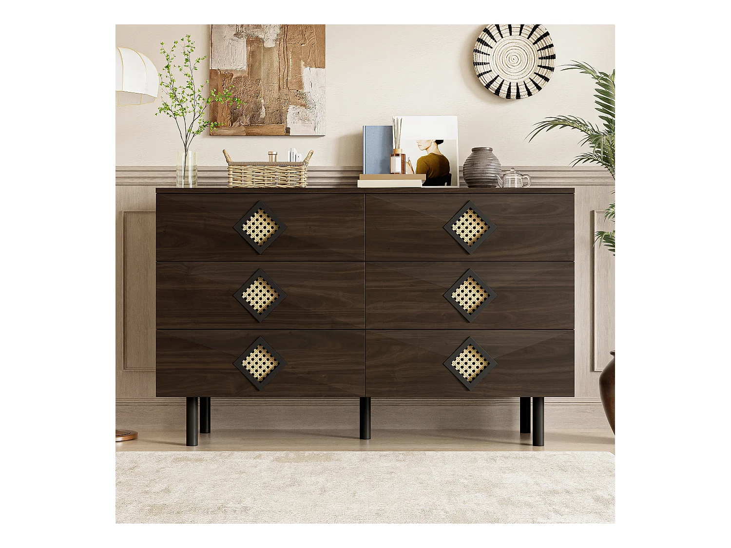 Penteadeira chique com 6 gavetas e puxadores de vime, armazenamento prático e elegante