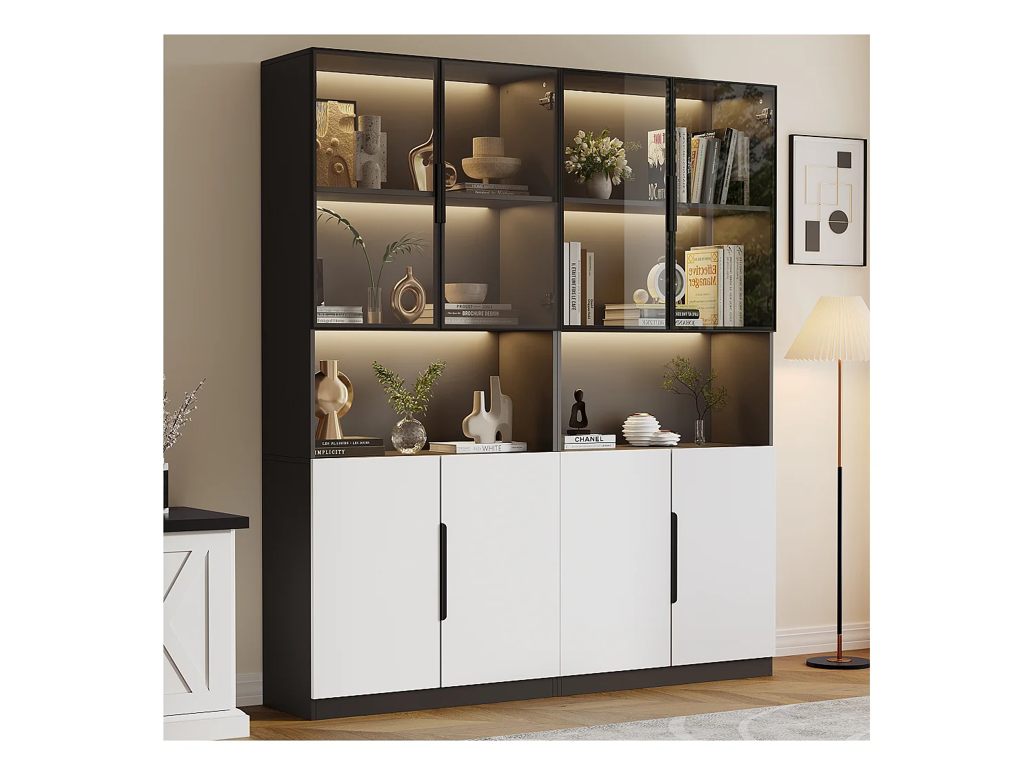 Vitrina de 2 piezas con puertas de cristal, vitrina con LED, con estantes 80x30x200cm, color negro