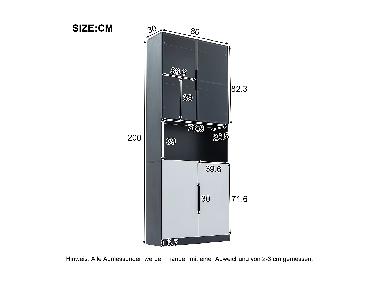 Vitrina de 2 piezas con puertas de cristal, vitrina con LED, con estantes 80x30x200cm, color negro