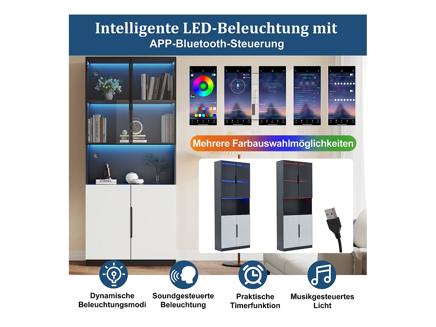 Vitrina de 2 piezas con puertas de cristal, vitrina con LED, con estantes 80x30x200cm, color negro