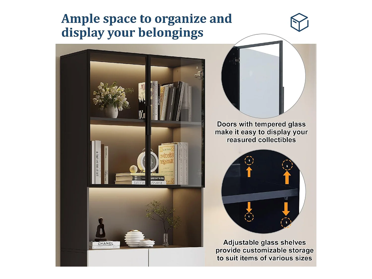 Vitrina de 2 piezas con puertas de cristal, vitrina con LED, con estantes 80x30x200cm, color negro