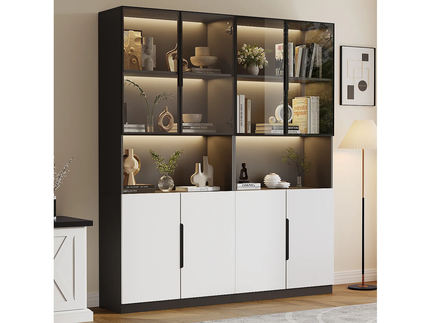 Vitrine 2 pièces avec Portes en Verre, Armoire de Vitrine avec LED, avec étagères 80x30x200cm, Noir