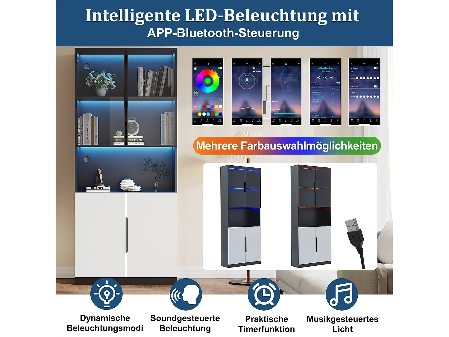 Vitrine 2 pièces avec Portes en Verre, Armoire de Vitrine avec LED, avec étagères 80x30x200cm, Noir