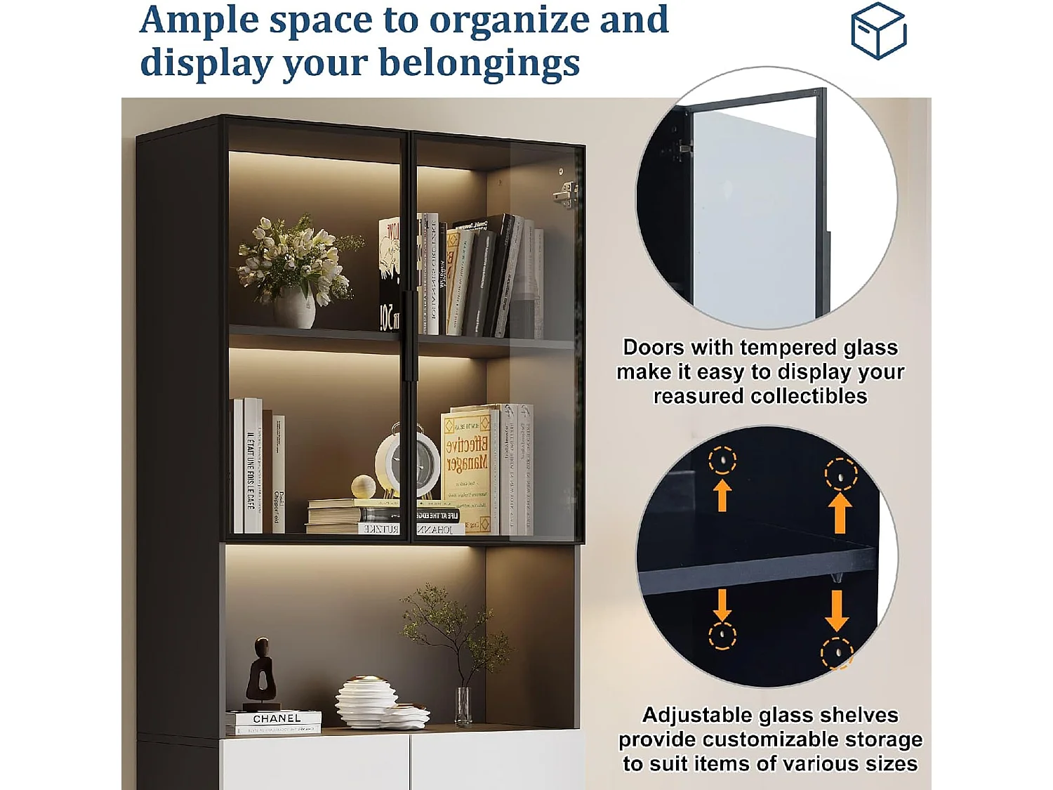 Vitrine 2 pièces avec Portes en Verre, Armoire de Vitrine avec LED, avec étagères 80x30x200cm, Noir