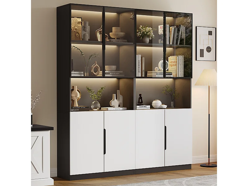 Vitrine 2 pièces avec Portes en Verre, Armoire de Vitrine avec LED, avec étagères 80x30x200cm, Noir