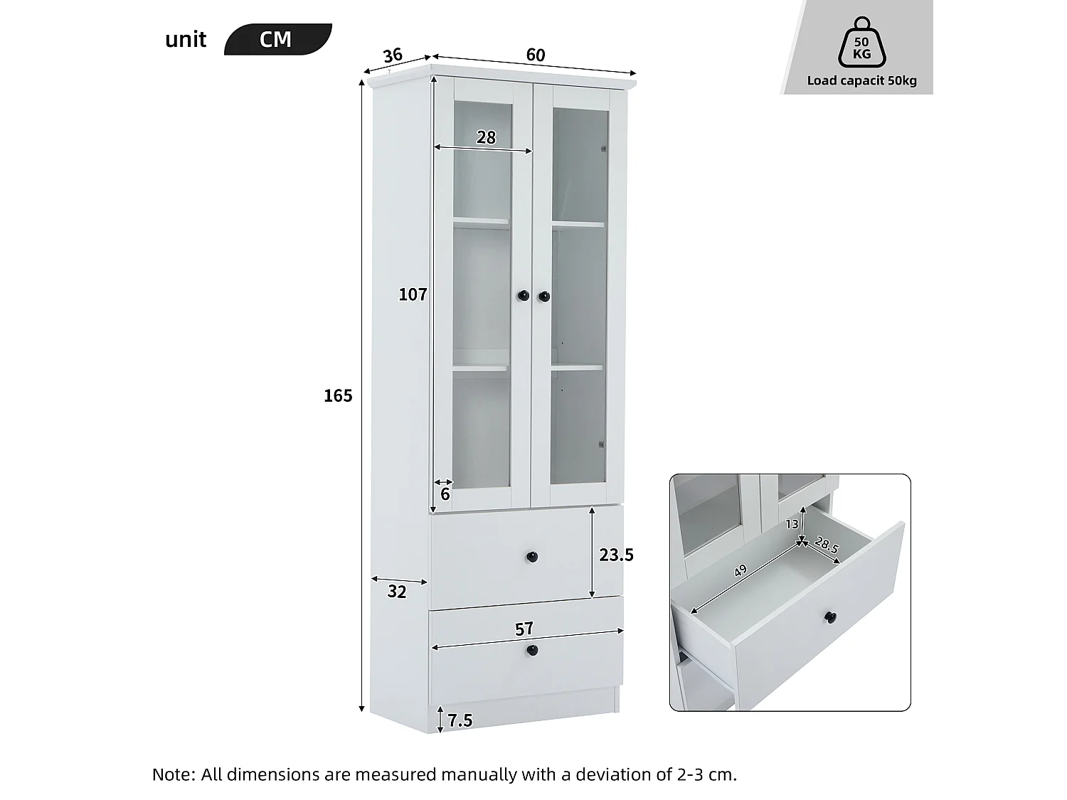 Vitrina de cristal con LED, 2 puertas y 2 cajones, 60 x 35,5 x 165 cm, color blanco