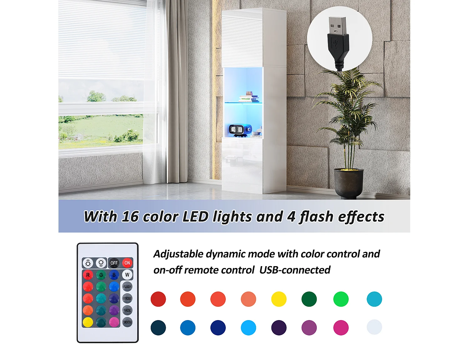 Armário de exposição branco brilhante com LED - Armário alto para sala de estar - Armário de armazenamento - 45x35x160 cm