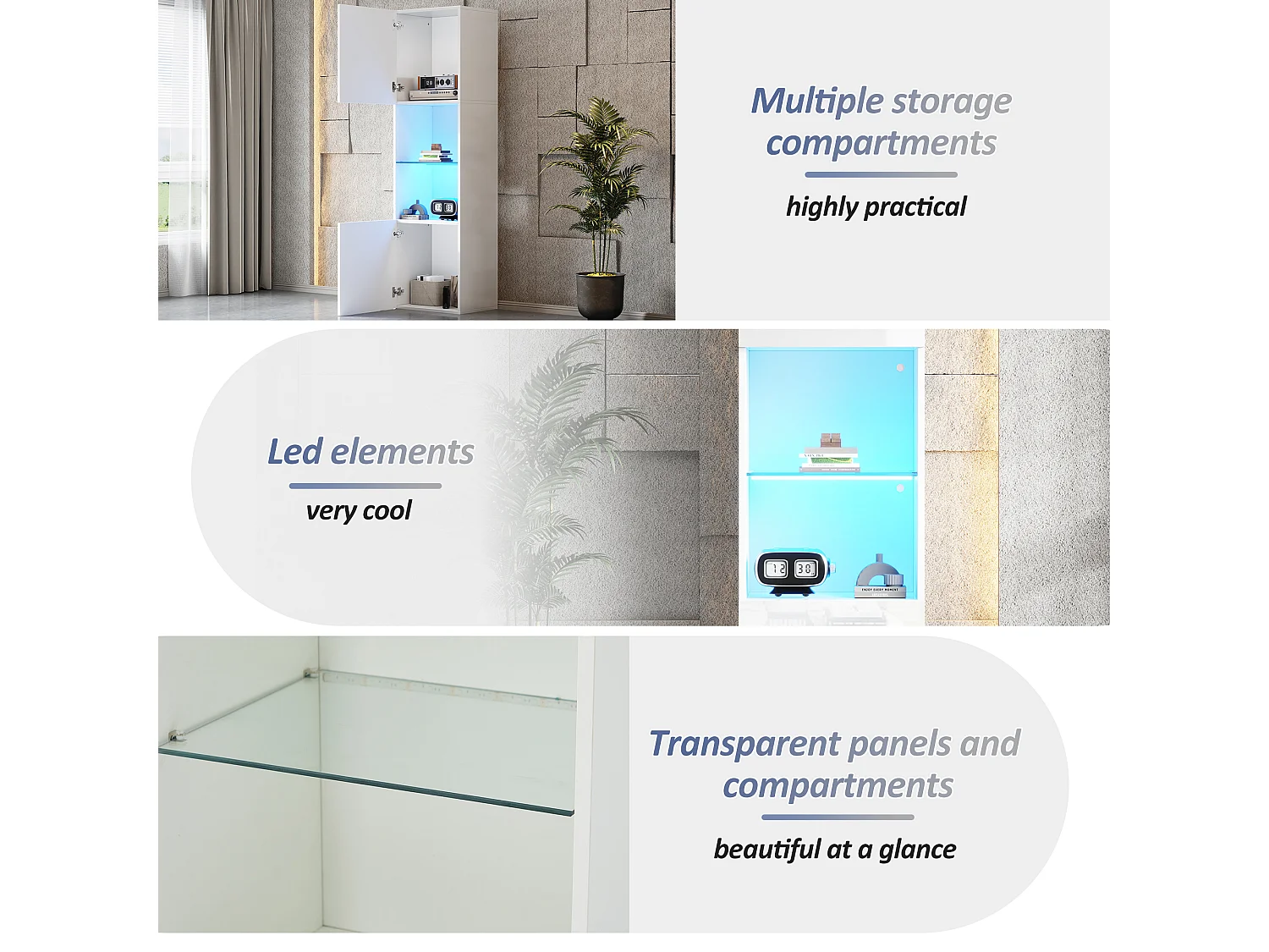 Armário de exposição branco brilhante com LED - Armário alto para sala de estar - Armário de armazenamento - 45x35x160 cm